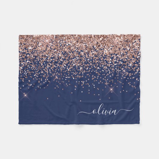Blush Roze Rose Gold Navy Blue Glitter Monogram Fleece Deken (Voorkant (Horizontaal))