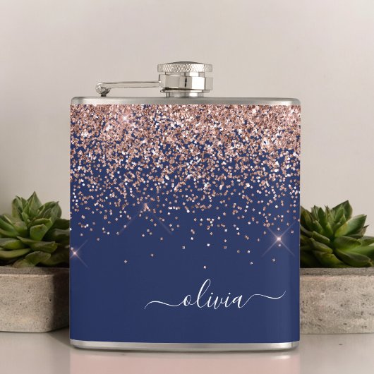 Blush Roze Rose Gold Navy Blue Glitter Monogram Heupfles