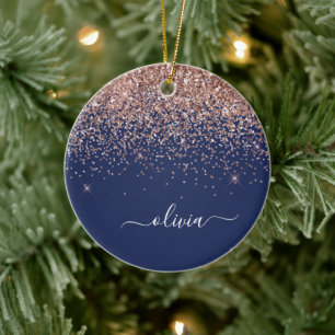 Blush Roze Rose Gold Navy Blue Glitter Monogram Keramisch Ornament