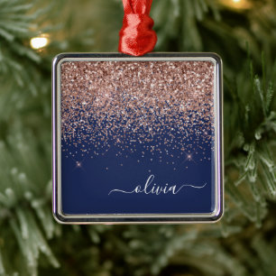 Blush Roze Rose Gold Navy Blue Glitter Monogram Metalen Ornament