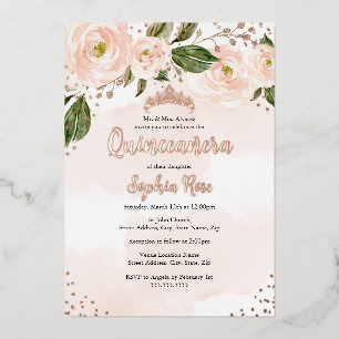 Blush Roze Rose Goud Bloem Tiara Quinceanera Folie Uitnodiging