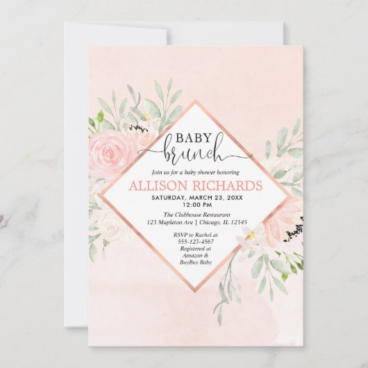 Blush roze rose goud bloemenmeisje baby brunch kaart (Voorkant)