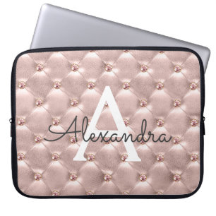 Blush Roze Rose Goud Elegant  Monogram Laptop Sleeve