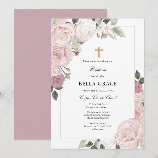 Blush Roze Rose Rustic Floral Baptism Uitnodiging (Voorkant / Achterkant)