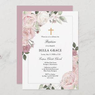 Blush Roze Rose Rustic Floral Baptism Uitnodiging