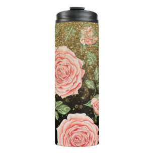 *~* Blush roze ROSES Gold Glitter Floral Thermosbeker