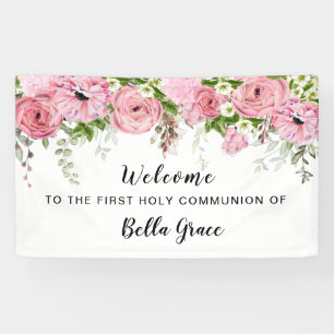 Blush roze roze bloem Eerste communiqué Welkomstve Spandoek