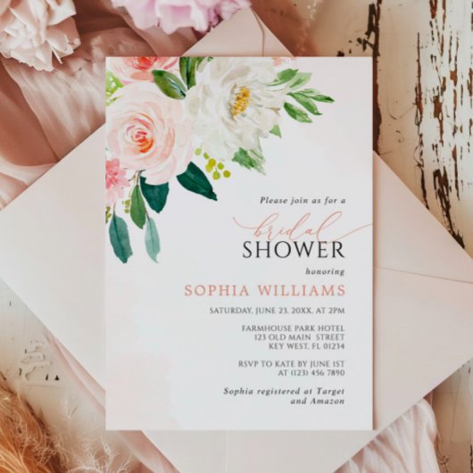 Blush roze roze bloemen Bridal Shower Uitnodiging