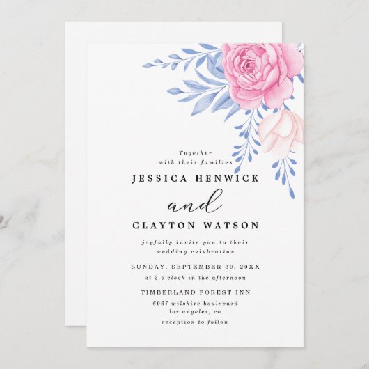 Blush roze roze bloemen Stapel Blauwe Blauwe Blauw Kaart (Voorkant / Achterkant)