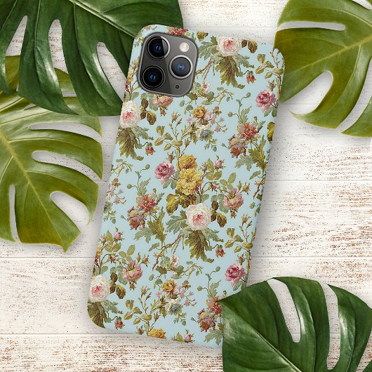 Blush roze roze bloemenpatroon op lichtblauw Case-Mate iPhone case