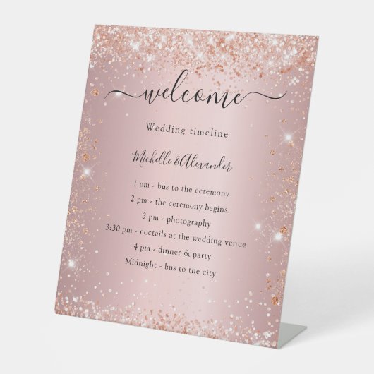 Blush roze roze goudbruiloftsprogramma reclamebord met voetstuk (Voorkant)