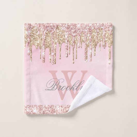 Blush roze roze goudglitterschijven monogrammen bad handdoek (Wasdoekje)