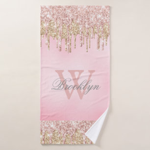 Blush roze roze goudglitterschijven monogrammen badhanddoek