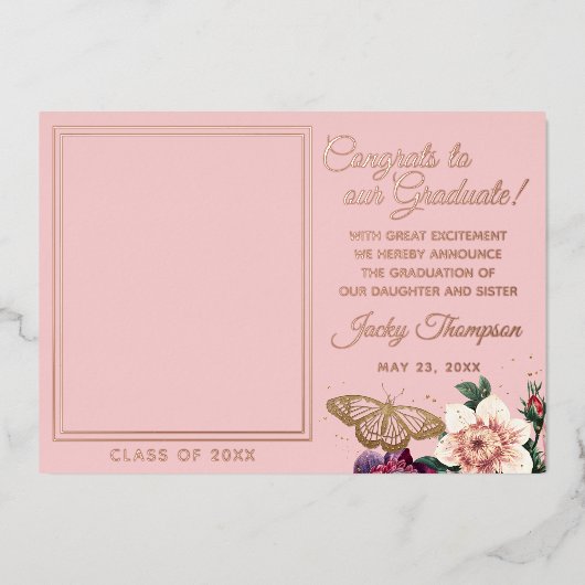 Blush roze roze goudolie Afstuderen Aankondiging (Voorkant)