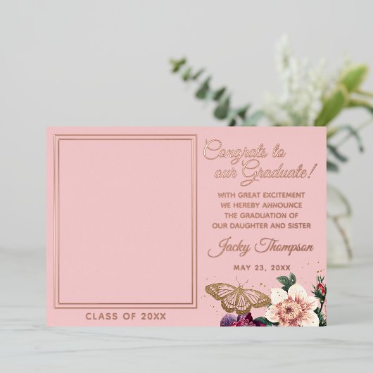 Blush roze roze goudolie Afstuderen Aankondiging (Staand Voorkant)