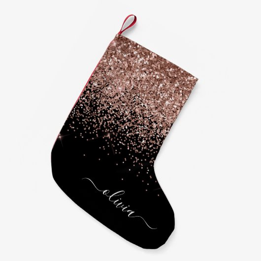 Blush roze roze goudzwart Glitter Monogram Naam Kleine Kerstsok (Voorkant (Hangend))