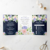 Blush Roze Roze Paarse Hydrangea Navy Blue Wedding Drieluik Uitnodiging (Binnen)