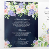 Blush Roze Roze Paarse Hydrangea Navy Blue Wedding Drieluik Uitnodiging (Binnenzijde eerst)