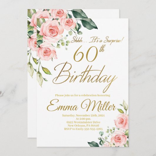 Blush Roze Rozen 60ste Verjaardagsfeest Kaart (Voorkant / Achterkant)