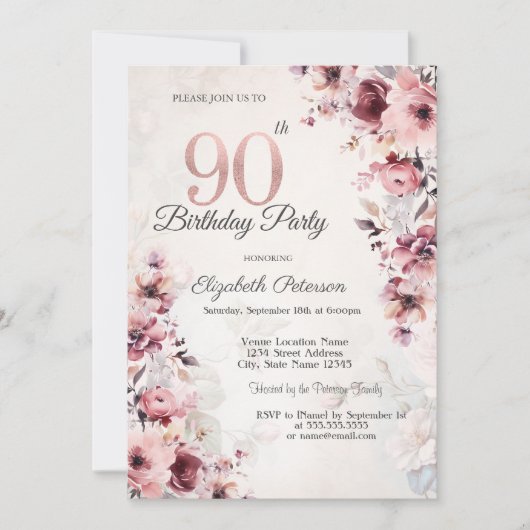 Blush roze rozen 90ste verjaardag kaart (Voorkant)