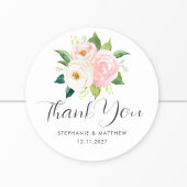 Blush Roze Rozen Botanische bruiloft Dank u Ronde Sticker
