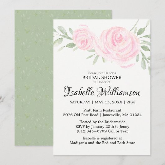 Blush roze rozen bridale douchevernodigingen kaart (Voorkant / Achterkant)