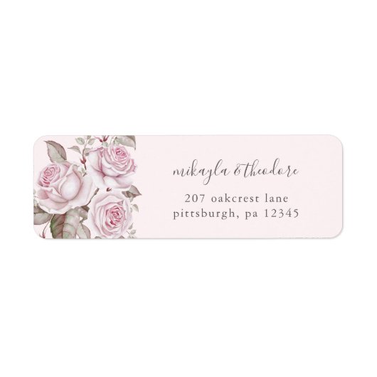 Blush roze rozen bruiloft label retouradres (Voorkant)