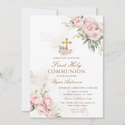 Blush roze Rozen Eerste Heilige Communie Kaart (Voorkant)