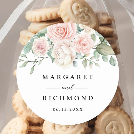 Blush roze rozen Elegante bruiloft Ronde Sticker