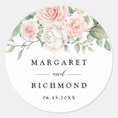 Blush roze rozen Elegante bruiloft Ronde Sticker (Voorkant)
