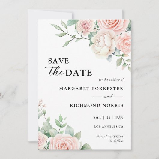 Blush roze rozen Elegante bruiloft save the date Kaart (Voorkant)