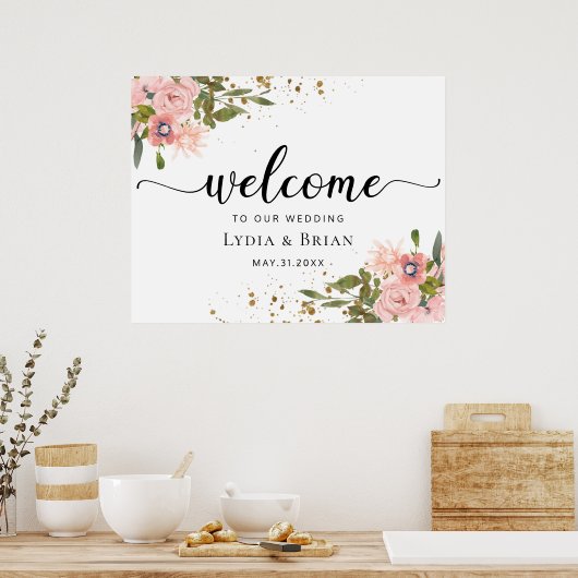 Blush roze rozen en gouden bruiloft welkomstbord poster (Keuken)