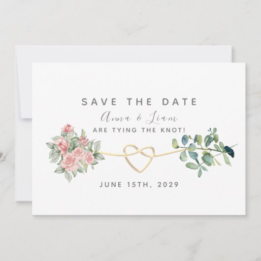 Blush roze rozen en groen bruiloft save the date (Voorkant)