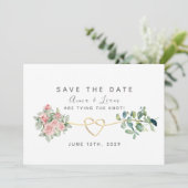 Blush roze rozen en groen bruiloft save the date (Staand voorkant)