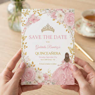 Blush Roze Rozen Gouden Quinceañera Save the Date