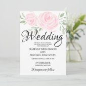 Blush roze rozen & kalligrafie bruiloft uitnodigin kaart (Staand voorkant)