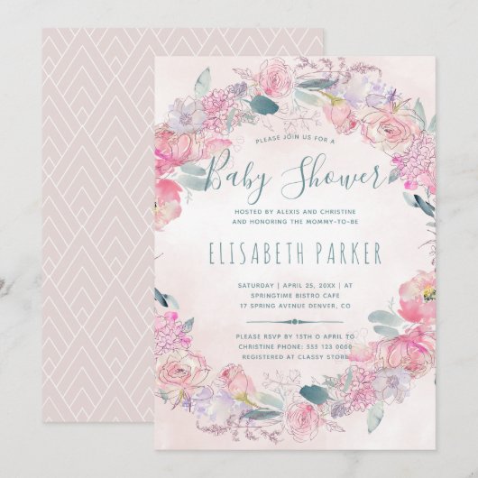 Blush roze rozen krans chique romantisch baby show kaart (Voorkant / Achterkant)