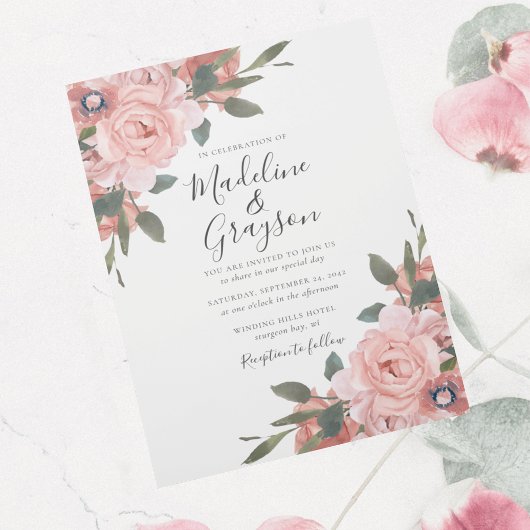 Blush roze rozen Modern Floral Wedding Kaart