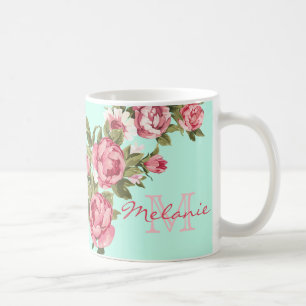  blush roze rozen Pioenen, bord turquoise, Koffiemok