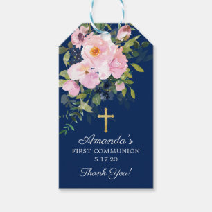 Blush Roze Rozen & Pioenen Eerste Communie Favor Cadeaulabel
