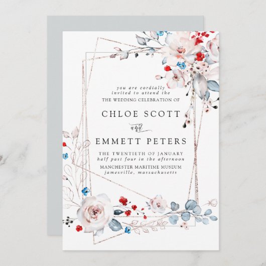 Blush roze rozen rood en blauwe bloemen bruiloft kaart (Voorkant / Achterkant)