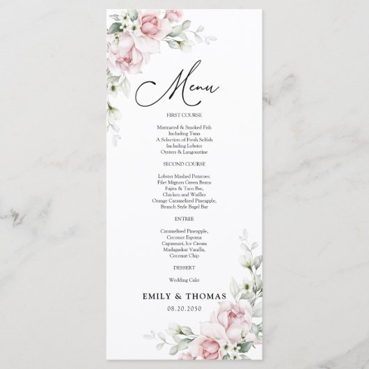 Blush Roze Rozen Trouwceremonie Menu (Voorkant)