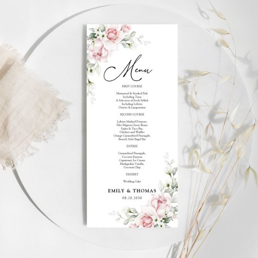 Blush Roze Rozen Trouwceremonie Menu