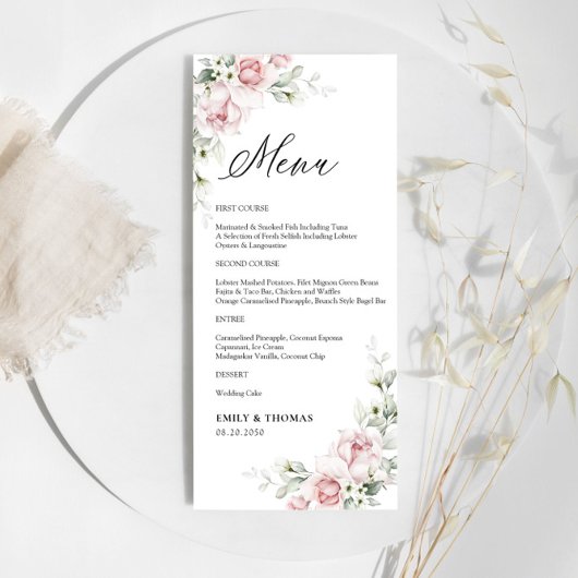 Blush Roze Rozen Trouwceremonie Menu