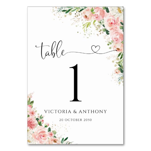 Blush Roze Rozen Trouwtafel Nummers Kaart (Voorkant)