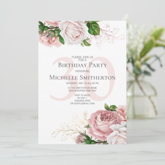 Blush Roze Rozen Witte 30e verjaardag Kaart (Staand voorkant)