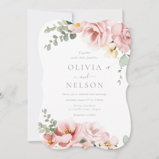 Blush Roze & Sage Groene Bloemen Bruiloft Kaart (Voorkant)