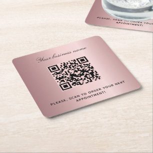 Blush roze salon naam qr code vierkante kartonnen onderzetter