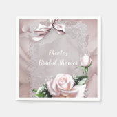 Blush Roze Satijn Bow & Roos Romantisch Bloemen Servetten (Voorkant)