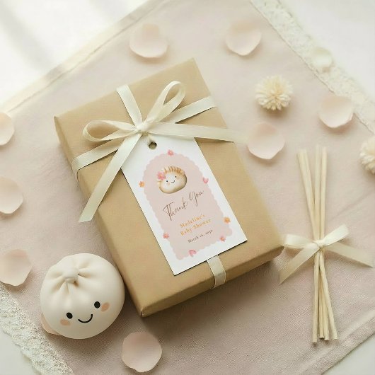 Blush roze Schattige Dumpling Baby shower Dank u Cadeaulabel